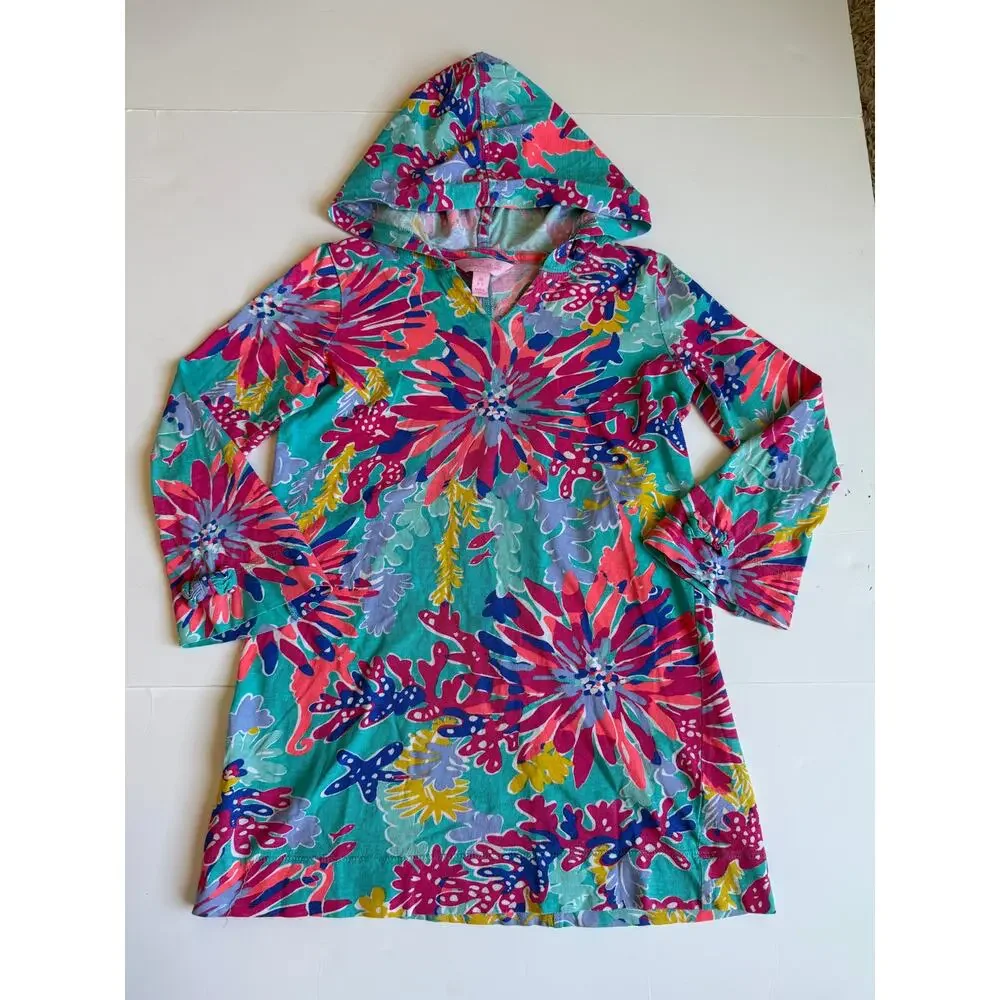 Lilly Pulitzer Girls Medium 6-7 Teal Floral Hooded Swim Cover-Up 100% Cotton